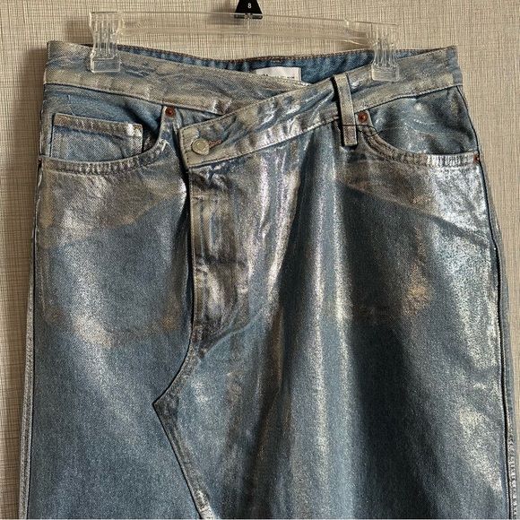 New Zara Silver Metallic Denim Asymmetric Midi Skirt 6045/017 Small Medium - Picture 5 of 10